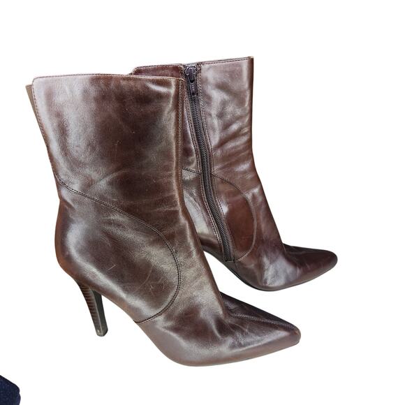Nine West Gooro Brown Leather Mid Calf Boots Heel Pointed Toe 7M - Picture 3 of 6
